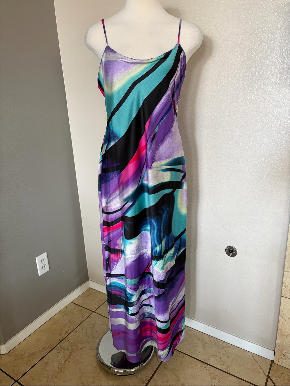 Natori Purple, Teal & Black Abstract Slip Maxi Dress